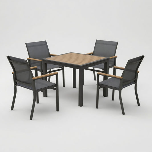 5-Piece Grey Aluminum Patio Dining Set, 4-Seat All-Weather Heavy-Duty HDPS Square Table and Textilene Patio Chairs