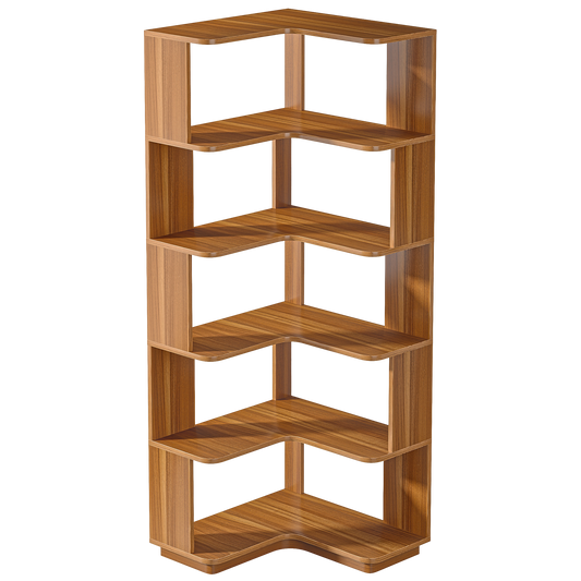 65" Tall 6-Tier Modern Corner Bookshelf, L-Shaped Storage Organizer with Anti-Drop Panels, Freestanding Natural Wood Grain