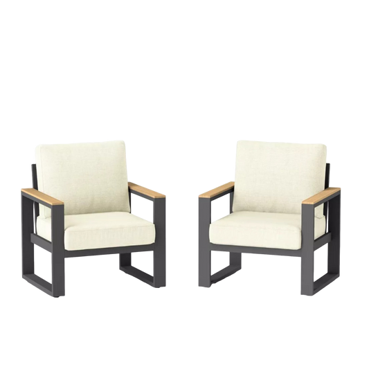 Modern Aluminum Outdoor Armchair Set of 2, All-Weather Metal Patio Chairs with U-Shaped Legs and Premium Olefin Cushions, Beige