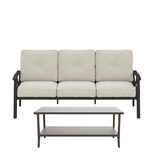 Modern 3-Seat Patio Sofa and 2-Tier Coffee Table Set, All-Weather Metal Conversation Set with Premium Olefin Cushions