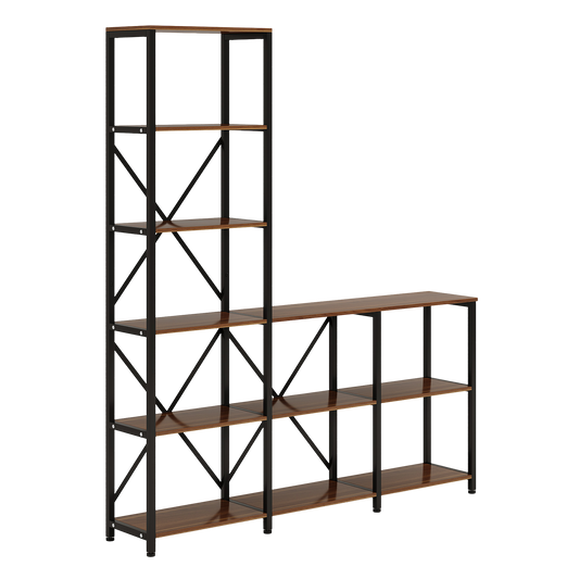 71" Tall Stepped Ladder Bookshelf, 6-Tier Industrial Etagere Bookcase with 9 Open Shelves, Rustic Staircase Display Shelf
