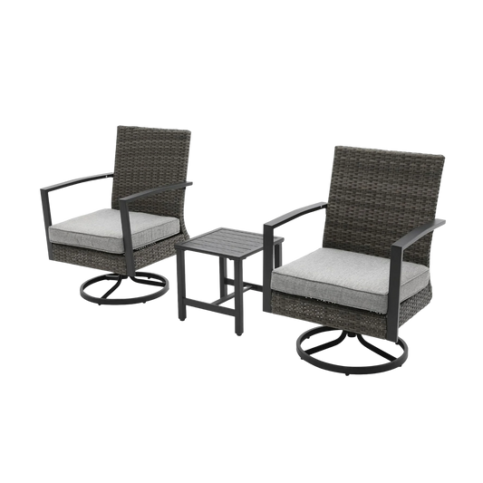 3-Piece Outdoor Swivel Rocking Bistro Set, 360-Degree Rotating Rattan Chairs with Water-Resistant Cushions & Square Side