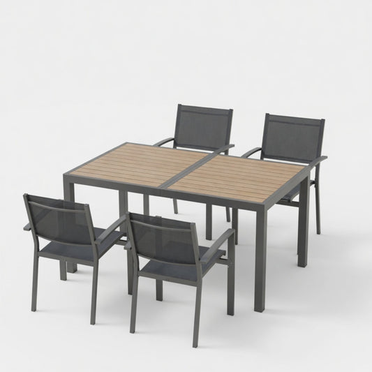 5-Piece Grey Patio Dining Set, 4-Seat All-Weather Heavy Duty HDPS Aluminum Rectangle Table and Textilene Metal Patio Chairs