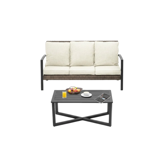 2-Piece Outdoor Patio Sofa Set, 67" 3-Seat Wicker Couch with Modern Coffee Table, All-Weather Steel Frame & Water-Resistant