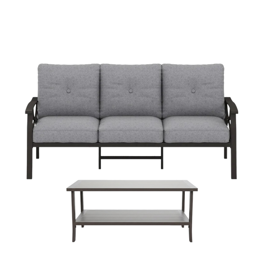 Modern Patio 3-Seater Sofa and 2-Tier Coffee Table Set, All-Weather Metal Conversation Furniture with Premium Olefin