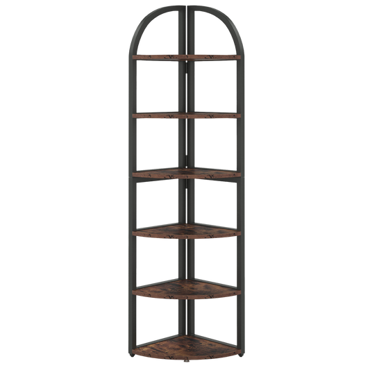 72" Tall Arched Corner Shelf, 6-Tier Industrial Corner Bookshelf with Metal Frame, Rustic Plant Stand & Display Rack