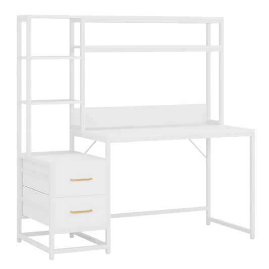 55 Inch Computer Desk with 2 Drawers and Storage Shelves, Rustic Office Desk with Hutch, Study Writing Gaming Table Laptop