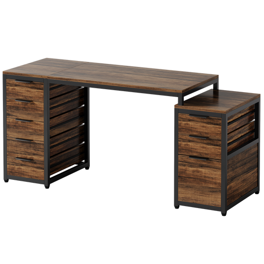 63" Computer Desk with 8 Drawers & Reversible File Cabinet