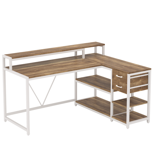 L Shaped Desk with Drawers and Monitor Stand, L Corner Desk with Storage Shelves, Beige Wooden PC Table for Samll Home