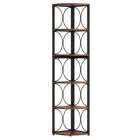 67" Tall Corner Bookshelf, 6-Tier Industrial Corner Shelf with Circular Mesh Guardrails, Rustic Storage Rack & Display