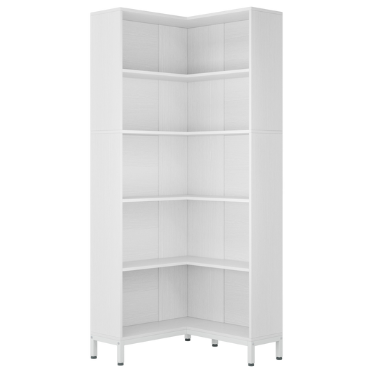 71" Tall L-Shaped Corner Bookshelf, 6-Tier Modern Corner Bookcase with Metal Legs & Back Panels, Freestanding Wooden