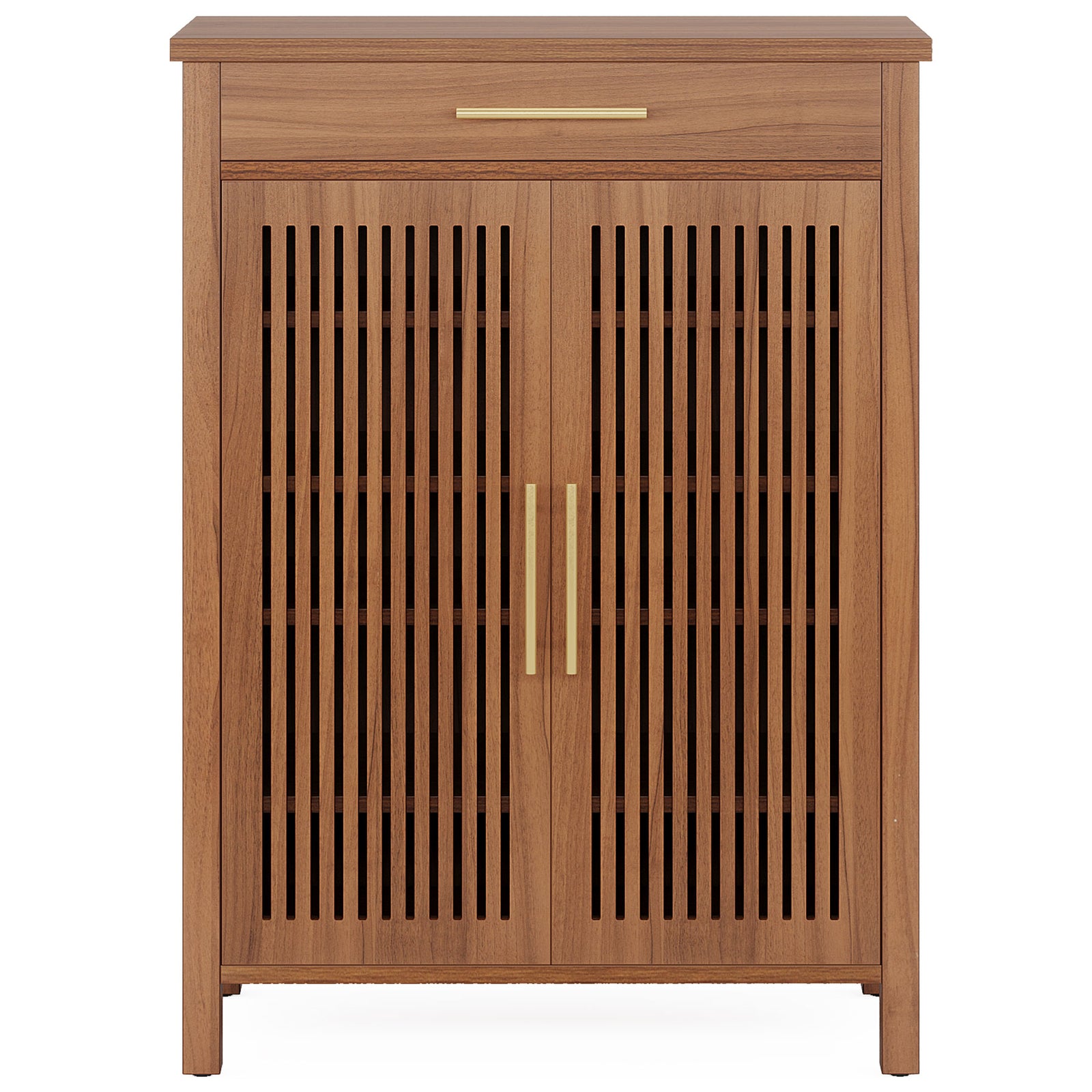 EMOOTTOO 43" Walnut Shoe Storage Cabinet with Louvered Doors and Drawer