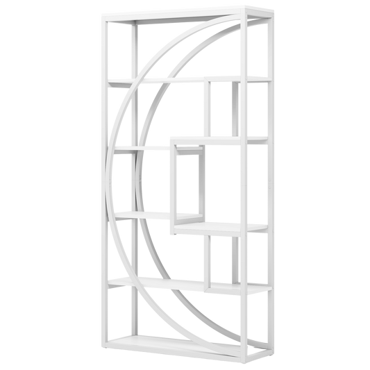 71" Tall Modern White Half-Moon Bookshelf, 5-Tier Etagere Bookcase with 8 Open Shelves, Narrow Geometric Display Rack