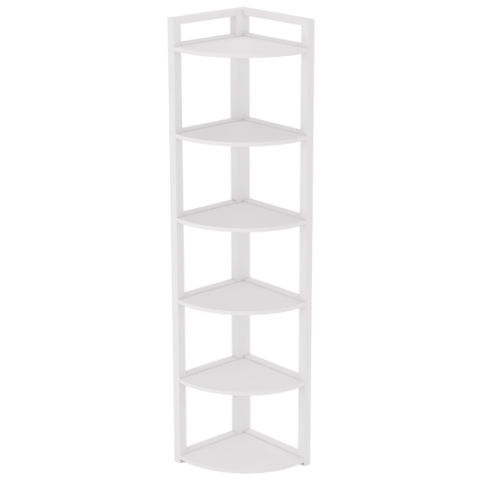 6-Tier Modern White Corner Shelf, 71" Tall Corner Bookshelf with Slim Metal Frame, Narrow Space-Saving Display Rack
