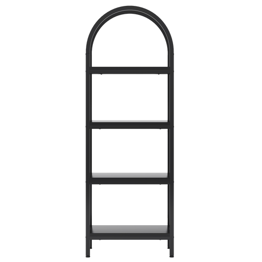 71" Tall 4-Tier Arch Top Modern Bookshelf, Sleek All-Black Industrial Wood & Metal Display Rack, Compact Freestanding
