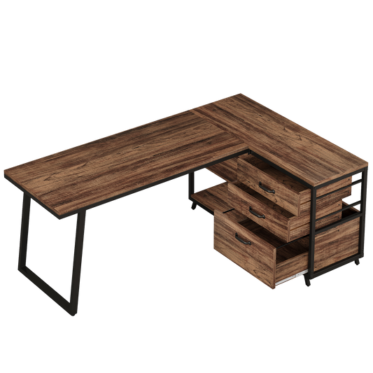 L-Shaped Computer Desk with 3 Drawers, Reversible Corner Home Office Desk with Shelves, 53-Inch Industrial PC Desk Study