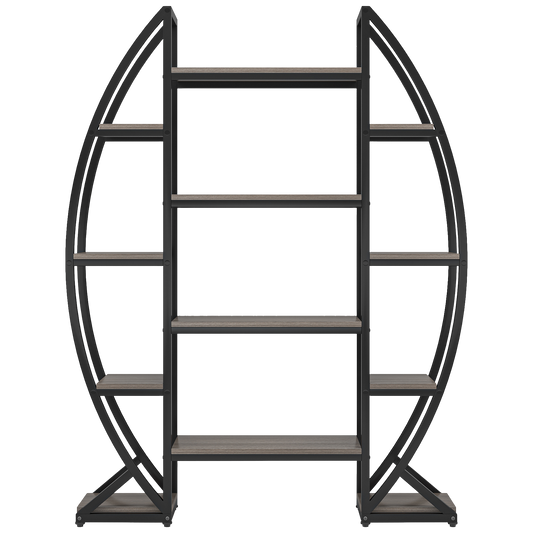 69" Tall Triple-Wide Oval Etagere Bookcase, 5-Tier Modern Gray Wood Display Shelf - product image 2