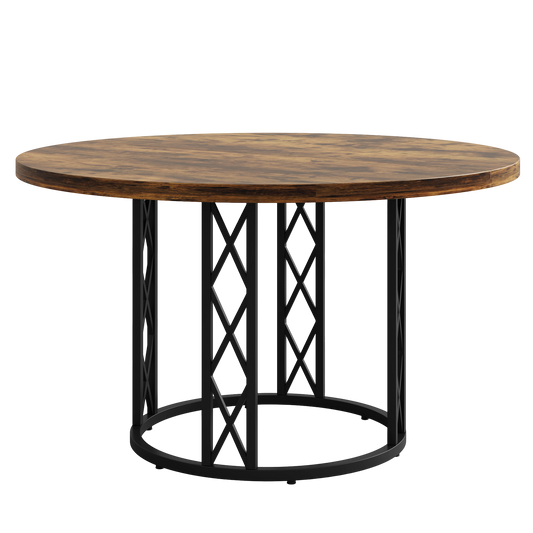 47" Round Dining Table for 4-6, Modern Kitchen Table with Walnut Wood Grain & Unique Metal Circle Base, Large Industrial