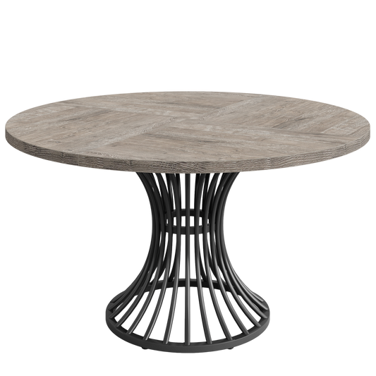 47" Round Dining Table for 4-6, Modern Kitchen Table with Walnut Wood Grain & Unique Metal Circle Base, Large Industrial