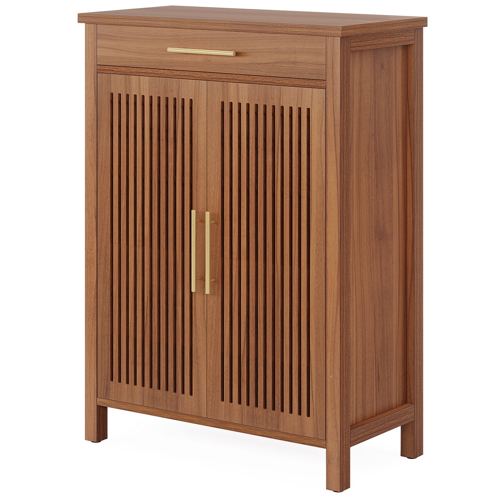 EMOOTTOO 43" Walnut Shoe Storage Cabinet with Louvered Doors and Drawer