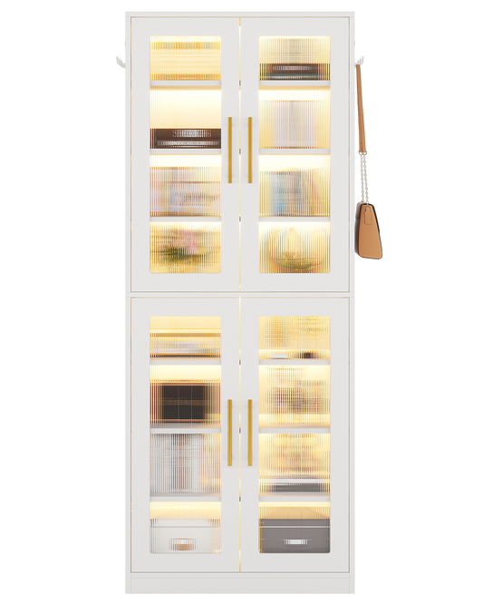 67" Tall White Bookcase with Fluted Acrylic Doors & LED Lights, 8-Tier Adjustable Storage Cabinet with Side Hooks, Modern