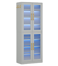 67" Tall Modern Gray Bookcase with Fluted Acrylic Doors & LED Lights, 8-Tier Adjustable Storage Cabinet with Side Hooks