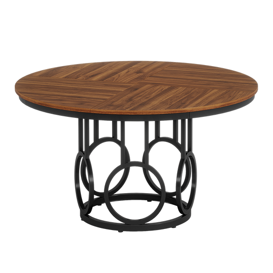 47" Round Dining Table for 4-6, Industrial Kitchen Table with Heavy-Duty Metal Pedestal Base, Large Walnut Brown Circle