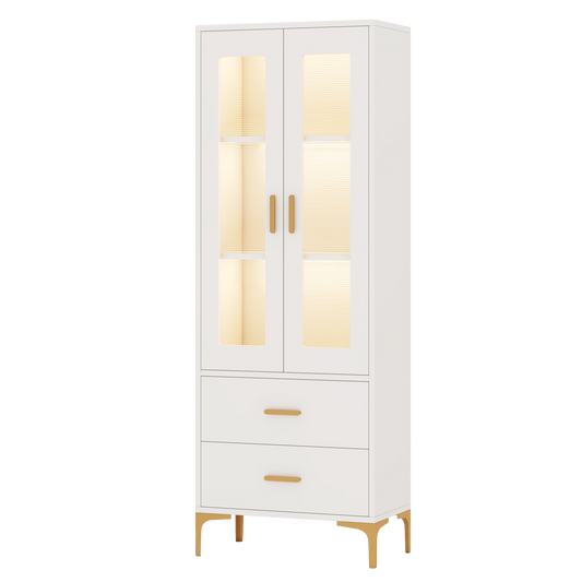65" Modern White Bookcase with RGB LED Lights & 2 Drawers, Tall Storage Cabinet with Fluted Glass Doors and Gold Legs