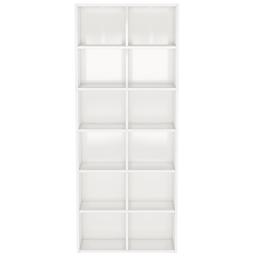 72" Tall Narrow 12-Cube Bookcase, Modern White 6-Tier Vertical or Horizontal Storage Shelf, Space-Saving Display Organizer
