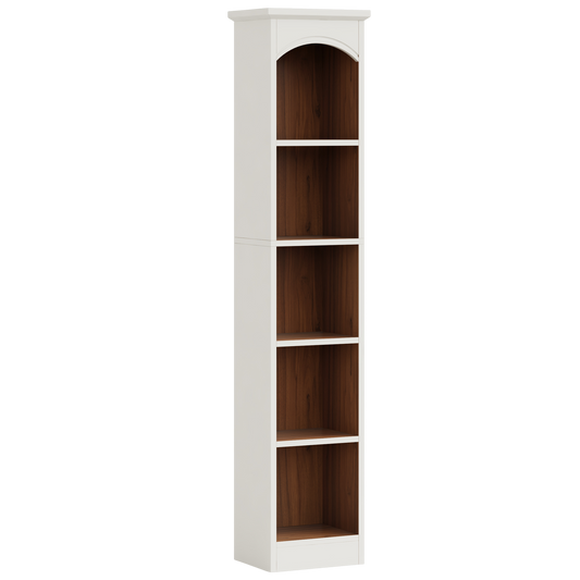 71" Tall Narrow Arched Library Bookshelf, Slim Modern White & Oak Contrast 5-Tier Cube Shelving Unit, Compact Vertical