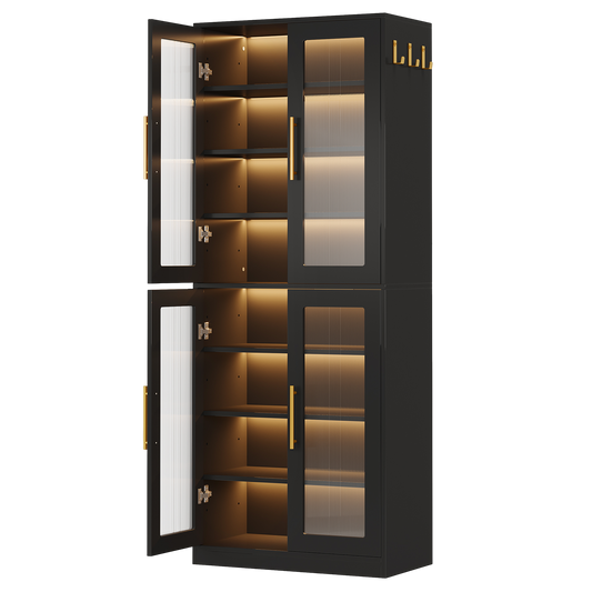 67" Tall Bookcase with RGB LED Lights & Fluted Glass Doors, 8-Tier Modern Storage Cabinet with Adjustable Shelves and Side