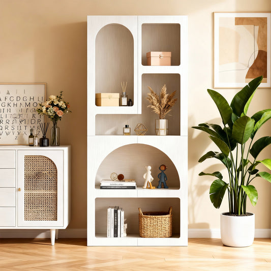 Emootto 71" Tall Geometric Bookshelf, Modern White Arched Bookcase with 5 Irregular Open Shelves, Artistic Display Cabinet for Living Room, Bedroom & Gallery