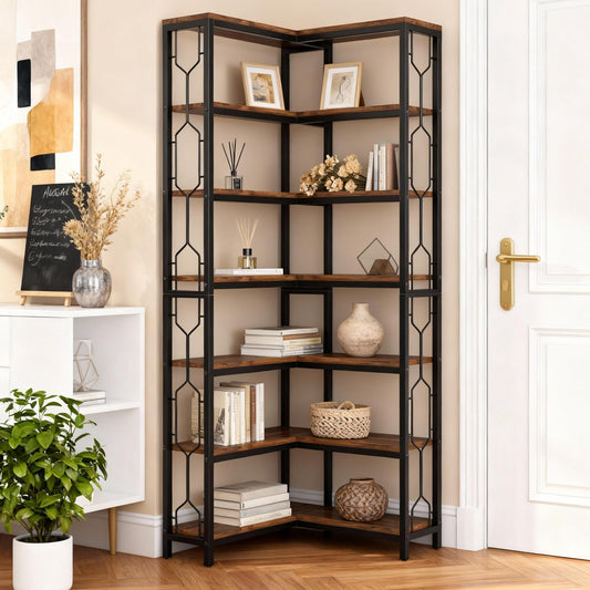 Emoottoo 78.7" Tall 7-Tier Industrial Corner Bookshelf, Rustic Brown Wood & Metal Etagere Display Shelf with Protective Railings, Space-Saving Hexagonal Corner Stand for Home Office & Living Room