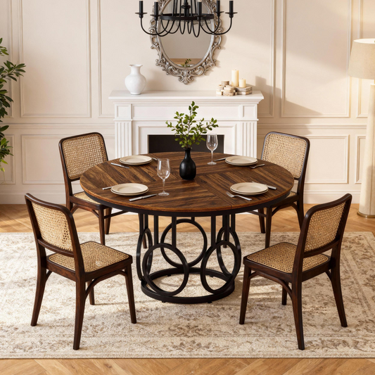 Emootto 47" Round Dining Table for 4-6, Industrial Kitchen Table with Heavy-Duty Metal Pedestal Base, Large Walnut Brown Circle Dinner Table for Small Spaces