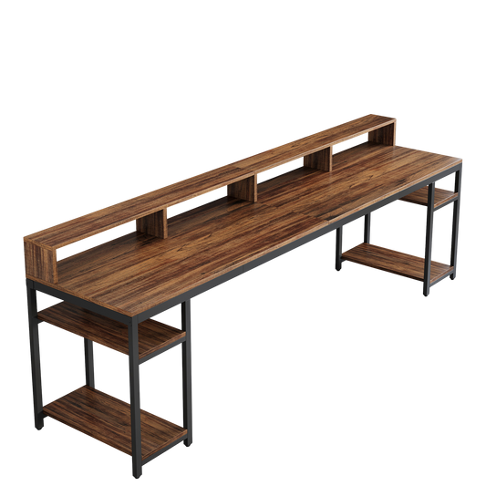Two Person Desk with Monitor Stand, 78.74" Long Double Computer Office Desk with Storage Shelves, Large Gaming Study