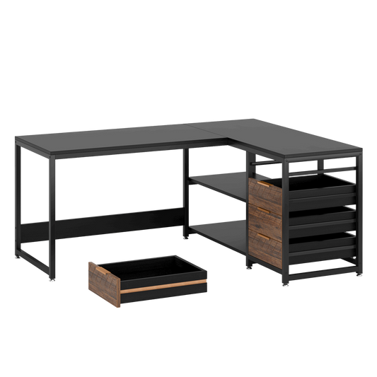 L Shaped Computer Desk with Storage Drawers, 59 inch Corner Desk with Shelves, Reversible L-Shaped Office Desk Study