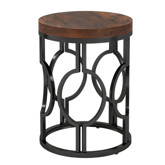Round End Table, Industrial Side Table with Metal Hollow Frame, Small Bedside Table Nightstand for Living Room, Bedroom, Easy Assembly