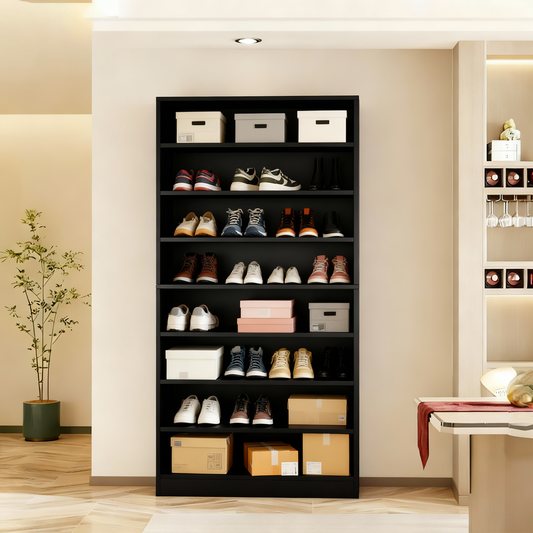 Emootto 9-Tier Tall Shoe Rack, 40-45 Pairs Heavy-Duty Wooden Storage Cabinet with 7 Removable Shelves, 70.86" Vertical Shoe Organizer for Entryway & Closet, Matte Black