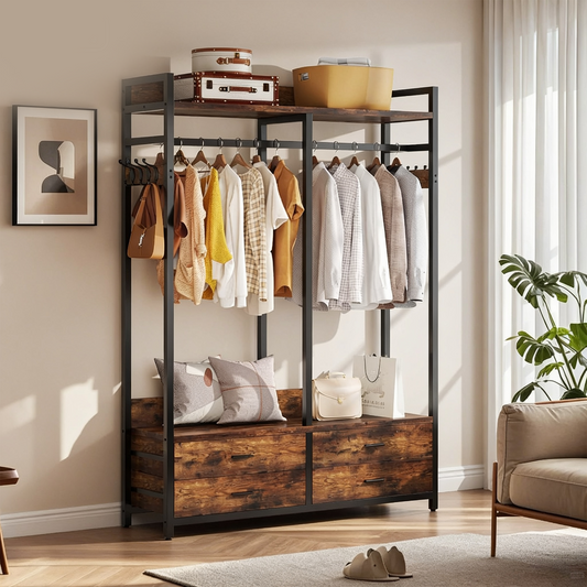 Emootto 69" Heavy Duty Freestanding Closet Organizer with 4 Drawers & 8 Hooks, Industrial Garment Rack with Hanging Rod & Storage Shelves, Rustic Brown