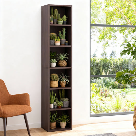 Emoottoo 71" Tall Narrow Cube Bookcase, Modern Rustic Brown 6-Tier Slim Tower Bookshelf, Compact Vertical Corner Display Shelf for Small Spaces, Home Office & Bedroom