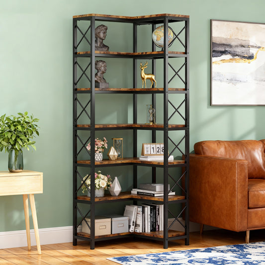 Emoottoo 79" Tall 7-Tier Industrial Corner Bookshelf, Large 14-Shelf L-Shaped Corner Bookcase with X-Bar Reinforcement, Modern Rustic Brown Display Rack for Home Office & Living Room