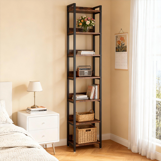 Emootto 79" Extra Tall Narrow Bookshelf, 7-Tier Skinny Bookcase for Small Spaces, Slim Corner Storage Rack & Display Shelf with Anti-Falling Baffle, Rustic Brown