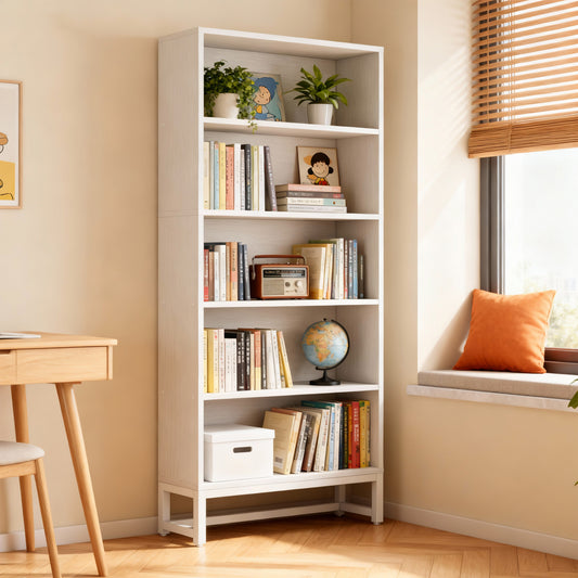 Emoottoo 71" Tall Heavy-Duty White Bookcase, 5-Tier Industrial Library Bookshelf with Metal Base, 31" Wide Deep Storage Shelving Unit for Home Office, Living Room & Classroom