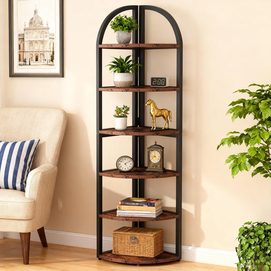 Emootto 72" Tall Arched Corner Shelf, 6-Tier Industrial Corner Bookshelf with Metal Frame, Rustic Plant Stand & Display Rack for Small Spaces, Home Office, Brown