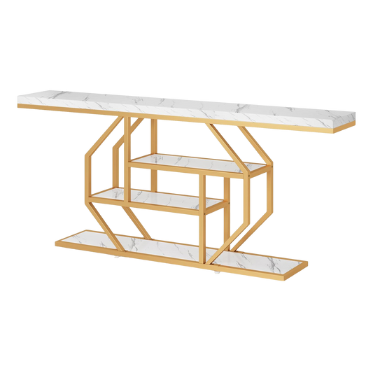 70.9 inch Extra Long Console Table, Modern Gold Sofa Table Behind Couch with Storage, 4 Tier Entryway Accent Table