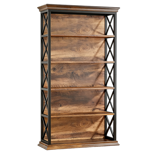 71" Tall 6-Tier Industrial Bookshelf with Crown Molding, Heavy-Duty Wood & Metal Display Shelf with X-Pattern Accents