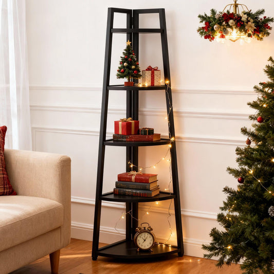 Emootto 70" Tall Modern Black Corner Ladder Shelf, 5-Tier Industrial Corner Bookshelf with Heavy-Duty Metal Frame, Space-Saving Plant Stand & Display Rack for Living Room, Home Office