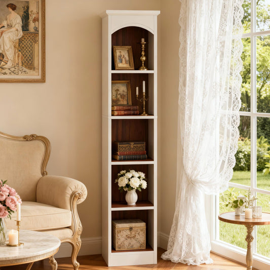 Emoottoo 71" Tall Narrow Arched Library Bookshelf, Slim Modern White & Oak Contrast 5-Tier Cube Shelving Unit, Compact Vertical Display Rack with Crown Molding for Small Spaces & Corners