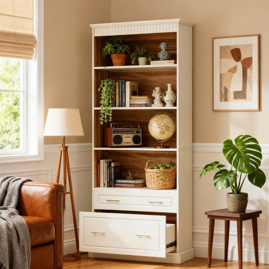 Emoottoo 73" Tall White & Oak Bookcase with File Drawers, 5-Tier Modern Library Bookshelf with Gold Hardware & Wave-Textured Top, Large Executive Display Storage Cabinet for Home Office