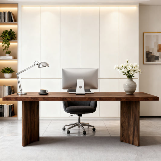 Emootto 63" Executive Desk with L-Shaped Pedestal Base, Large Modern Farmhouse Computer Desk, 1.57" Thickened Tabletop Conference Table, Walnut Finish